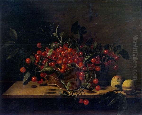 Nature Morte Au Panier De Cerises Et Peches Sur Un Entablement - view 1