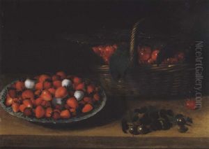 Nature Morte Au Panier De Cerises Et A La Coupe De Fraises Sur Un Entablement
