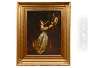 Elegant Lady In Silk And Cupid In An Interior