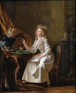 Elegante Regardant Un Portrait Miniature by Michel Garnier