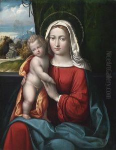Madonna And Child Before A Curtain, A Mountainous Landscape Beyond by Benvenuto Tisi da Garofalo