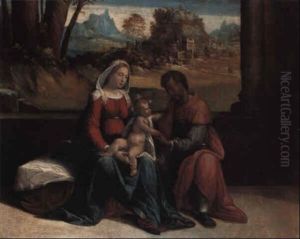 The Holy Family On A Porch, A Rocky Landscape With A Town Beyond by Benvenuto Tisi da Garofalo