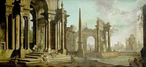 An Architectural Capriccio With Figures Making Music And Dancing, With A Lake And A Village On The Horizon