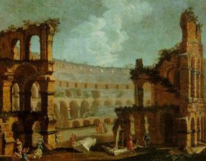 Rome: A Capriccio Of The Colosseum With Figures Examining Pieces Of Ancient Sculpture