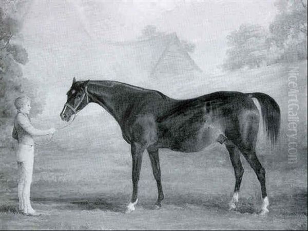 The Chestnut Stallion 'foxglove' With Groom By Farm Buildings - view 1