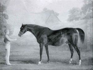 The Chestnut Stallion 'foxglove' With Groom By Farm Buildings