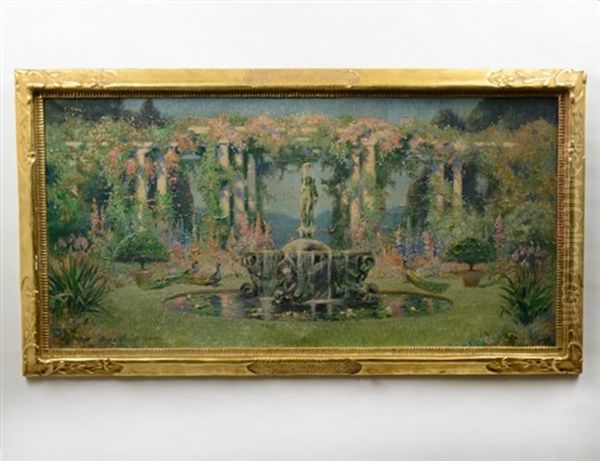 Sylvan Landscape With Fountain And Peacocks - view 1