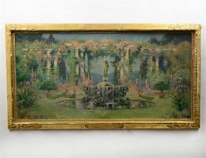 Sylvan Landscape With Fountain And Peacocks
