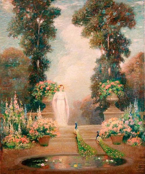 Allegorical Figure In A Blooming Garden With Peacocks - view 1