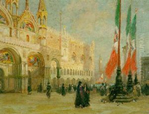 A View Of Piazza San Marco With Figures Gathered Outside The Doge's Palace, Venice by Edmund Henry Garrett