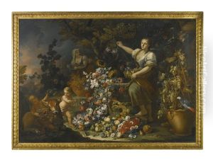 Two Young Women Bring Flowers To A Fountain From Which Other Flowers Are Spilling, With Two Putti Adorning A Calf With Garlands