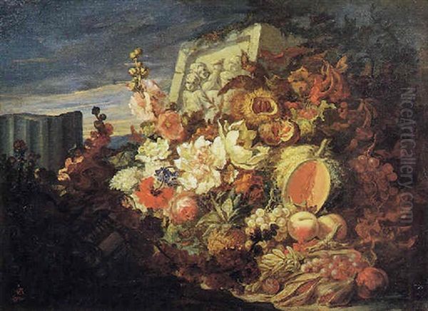 Natura Morta Di Frutta E Fiori Con Frammenti Archeologici - view 1
