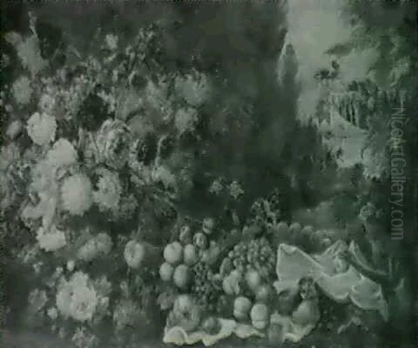 Flowers In An Urn And Fruit In A Dish On A White Cloth, A Seated Monkey Before A Fountain - view 1