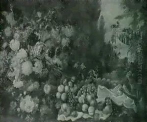 Flowers In An Urn And Fruit In A Dish On A White Cloth, A Seated Monkey Before A Fountain by Giorgio Garri
