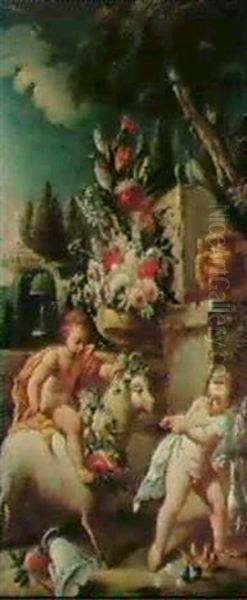 Two Putti Playing With A Goat Beside An Urn With Flowers In A Park; And Bacchanti With A Barrel Of Wine By An Urn - view 1