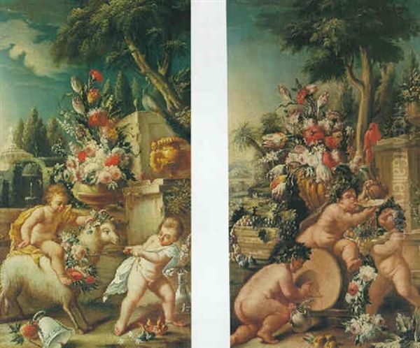 Two Putti Playing With A Goat Beside An Urn With Flowers In A Park; - view 1