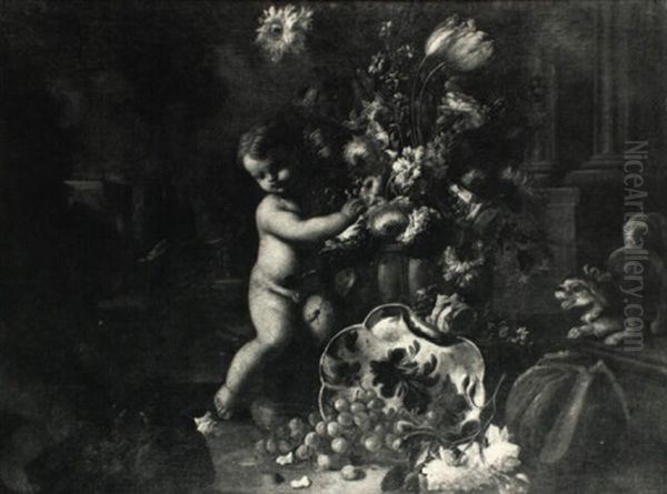 Two Putti Arranging Flowers In An Urn, An Elegant Garden Beyond - view 1