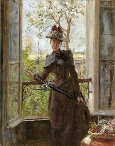 Am Fenster: Junge Frau Mit Parasol Und Blumen Geschmuckten Hut Vor Dem Spaziergang by Eduardo Leon Garrido