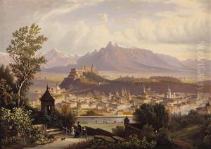 Blick Vom Kapuzinerberg Auf Die Altstadt Salzburgs, Die Festung Und Den Untersberg
