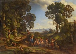 Italian Landscape With Shepherdess, Children And Goats by Heinrich Gaertner