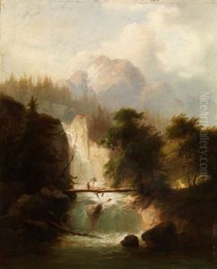 Wasserfall Mit Holzbrucke Im Gebirge by Heinrich Gaertner