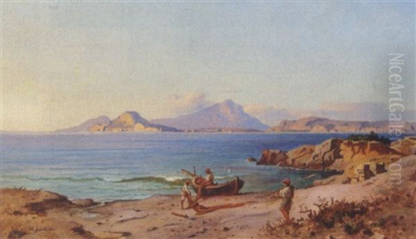 Parti Fra Napolibugten Med Fiskere I Arbejde Pa Stranden - view 1