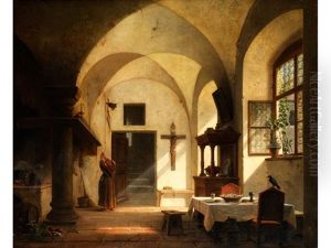 Interieur Einer Klosterkuche Mit Einem Monch, Der Zum Essen Lautet