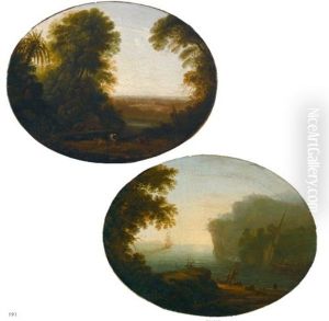 A Coastal Scene With Fishermen About To Embark At Dawn; A River Landscape With A Reclining Shepherd, Cows And A Town Beyond (pair) by Edmund Garvey