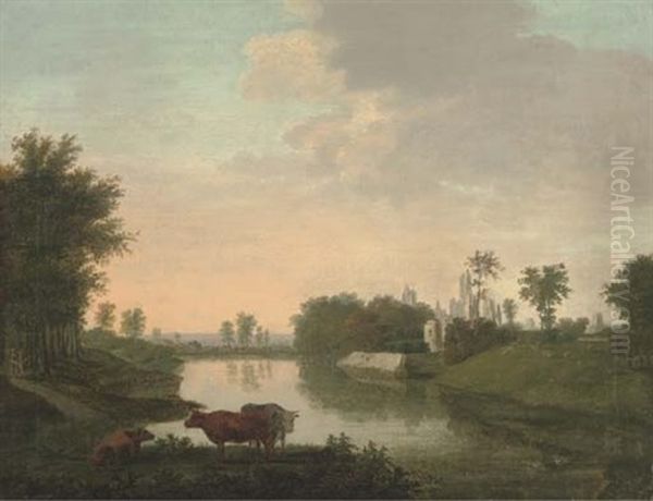 Cattle By A Lake, With Ruins Beyond - view 1