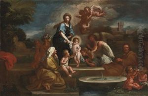 Holy Family With Angels In A Landscape by Luigi Garzi