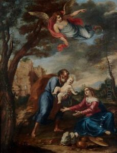 Repos De La Sainte Famille Pendant La Fuite En Egypte by Luigi Garzi