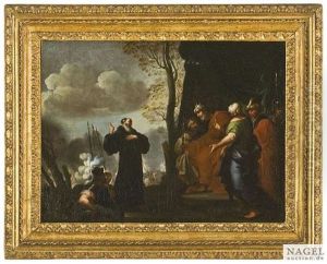 Ein Heiliger Monch Disputiert Mit Einem Konig Und Seinem Gefolge, Im Hintergrund Schlachtenszene by Luigi Garzi