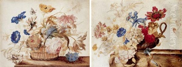 A Basket Of Poppies, Peonies, Tulips, Roses And Carnations With A Butterfly On A Ledge - view 1