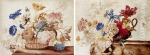 A Basket Of Poppies, Peonies, Tulips, Roses And Carnations With A Butterfly On A Ledge by Giovanna Garzoni