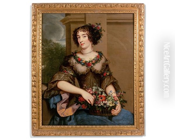Portrait De Femme Tenant Une Corbeille De Fleurs, Le Corsage Fleuri D"une Guirlande - view 1