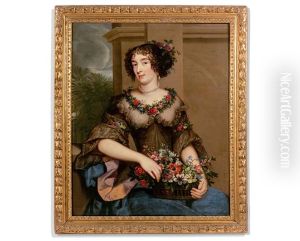 Portrait De Femme Tenant Une Corbeille De Fleurs, Le Corsage Fleuri D"une Guirlande