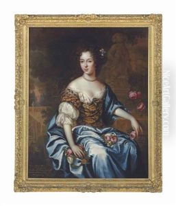 Portrait Of Margaret Brooke (1618-1673), Nee Neville, Three-quarter-length, In A Gold-embroidered Brown Dress With Lace Trim And Blue Cloak, Holding Peonies In An Ornamental Garden