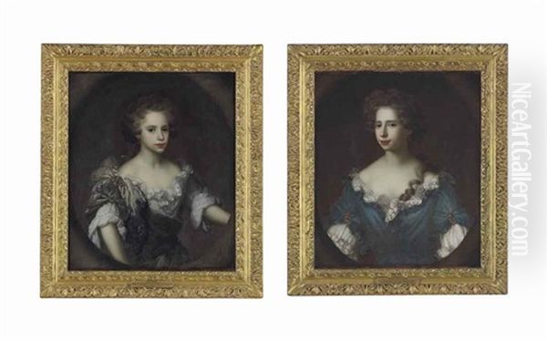 Portrait Of Ruth Finch (b. 1646), In A Grey Bodice And A White, Lace-trimmed Chemise, With Two Jewelled Brooches, Feigned Oval; And Portrait Of Theodora Finch (b. 1648), In A Blue Bodice And A White, Lace-trimmed Chemise, With Two Jewelled Brooches - view 1