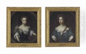 Portrait Of Ruth Finch (b. 1646), In A Grey Bodice And A White, Lace-trimmed Chemise, With Two Jewelled Brooches, Feigned Oval; And Portrait Of Theodora Finch (b. 1648), In A Blue Bodice And A White, Lace-trimmed Chemise, With Two Jewelled Brooches