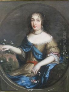 Portrait Of A Lady Half-length Wearing A Brown Dress And Blue Wrap, Holding Flowers
