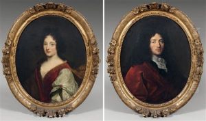 Portrait D'homme En Veste Rouge Et Au Col De Dentelle (+ Portrait De Femme A La Robe Rouge; Pair) by Henri Gascars