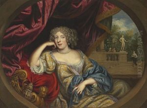 Portrait Of A Lady, Seated Three-quarter-length, In A White And Gold Gown With A Blue Robe, A Garden Beyond