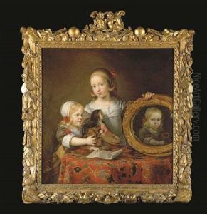 Portrait Of Two Children, Half-length, At A Table With A Dog And A Doll, One Holding A Tondo Mirror