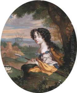 Portrait Of A Lady As A Shepherdess Holding A Hoe, Her Sheep And A Fortified Dwelling Beyond