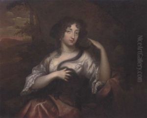 Portrait Of Hortense Mancini, Duchess Of Mazarin, In A White Blouse And Pink Wrap, With A Landscape Beyond