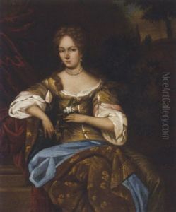 Portrait Of A Lady In A Gold Dress And Brown And Blue Wrap, In A Garden by Henri Gascars