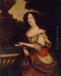 Portrait Of A Lady In A White Dress, Her Right Hand Gesturing Towards A Fountain, A Landscape Beyond
