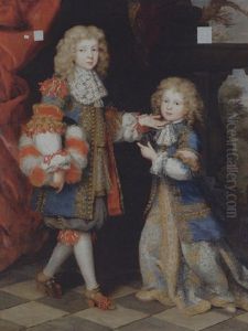 Portrait Of Two Brothers In Gold-embroidered Blue Frock Coats With Lace Collars, A Landscape Beyond by Henri Gascars