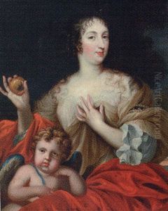 Portrait Of A Lady, In A Pale Pink Dress With A Beige Wrap Holding A Apple, Cupid At Her Side