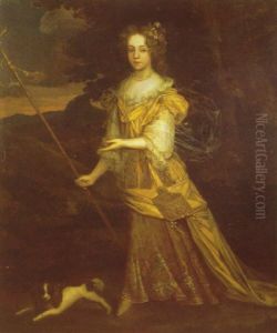 Portrait Of Elizabeth, Baroness Pwyll, As The Huntress Diana, Walking In A Mountainous Landscape With A Spaniel At Her Side